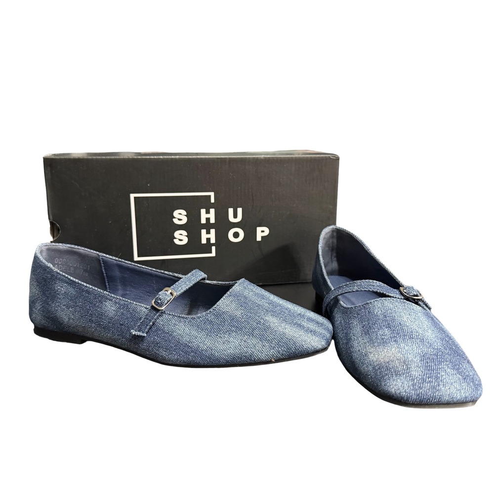 Shu Shop Adele Dark Denim Mary Jane Flats Square Toe Buckle Strap Size 7.5